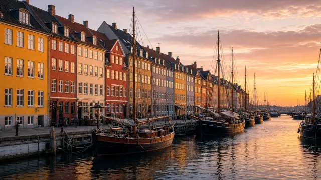 De kade van Nyhavn in Kopenhagen met kleurrijke huizen en houten boten bij zonsondergang