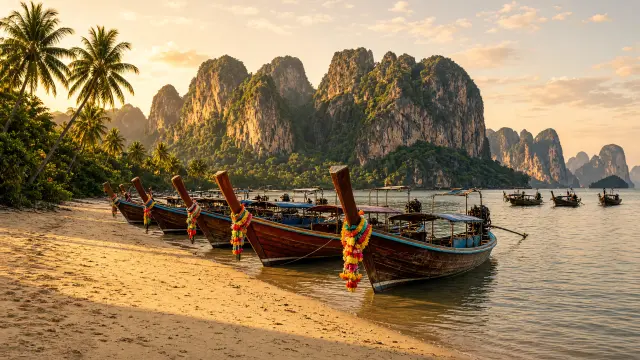 Kleurrijke longtailboten op het strand van Ao Nang met kalksteenrotsen