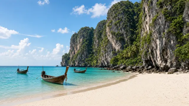 Zandstrand van Railay tussen hoge kalksteenrotsen met longtailboten