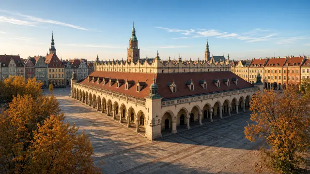 Het grote marktplein van Krakau met de Lakenhal in het midden