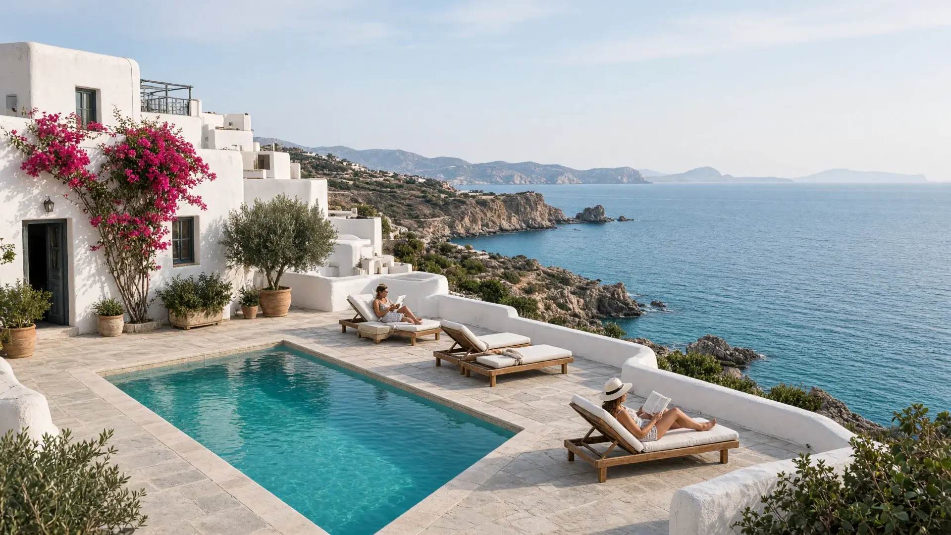 rustig zwembadterras van een adults only hotel aan de kust van Kreta