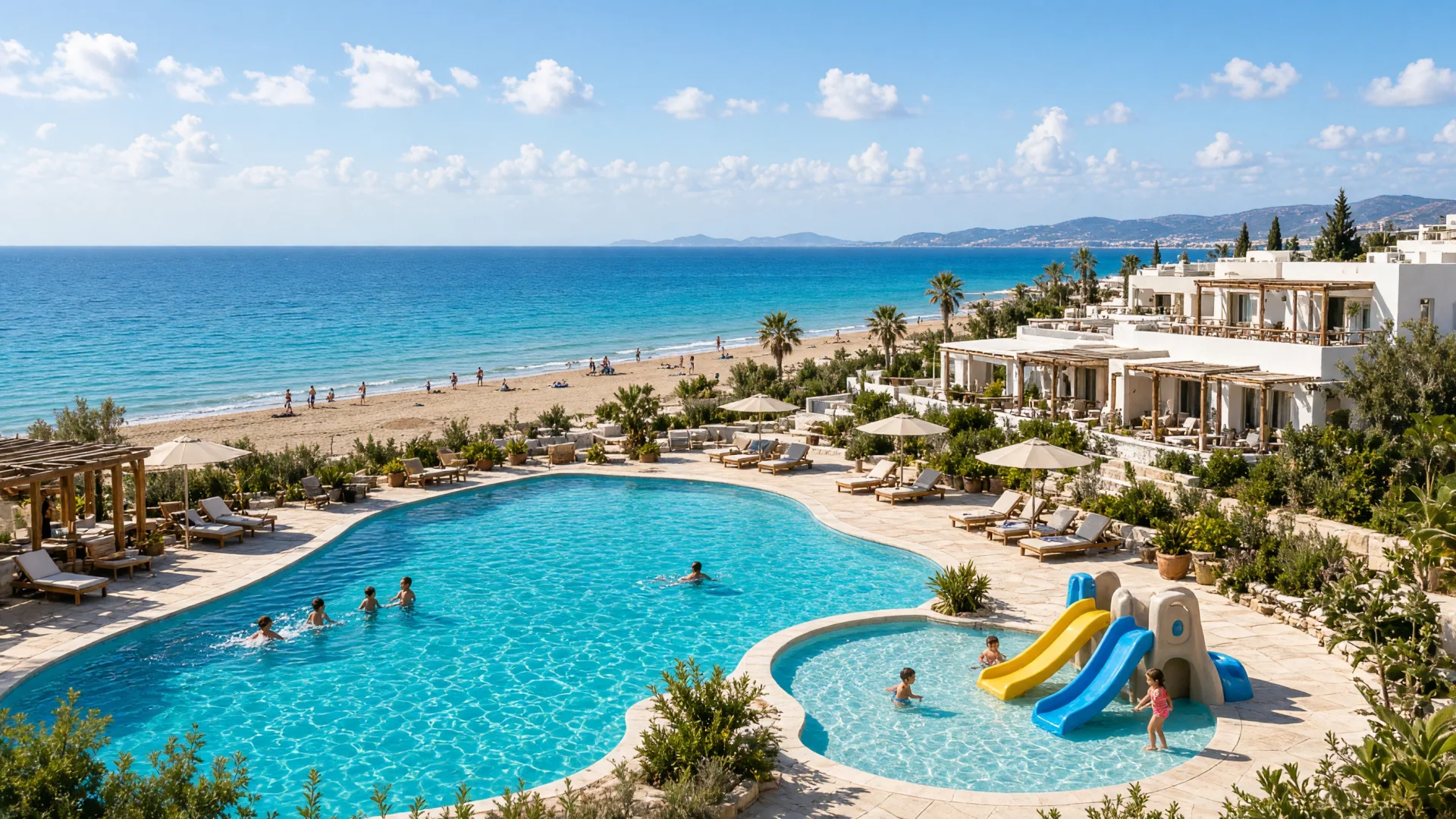 kindvriendelijk hotel met kinderbad en glijbanen aan de kust van Kreta