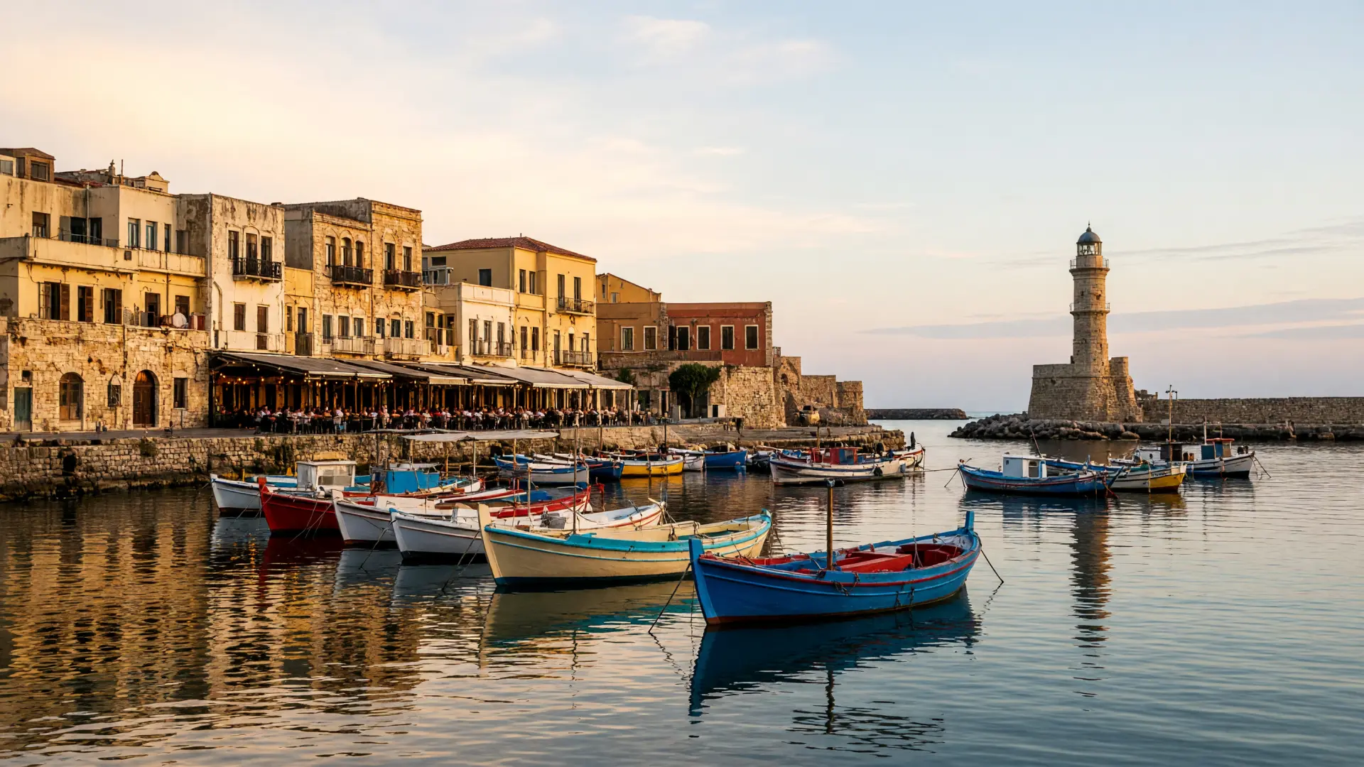 Venetiaanse haven van Rethymnon met vuurtoren en vissersbootjes
