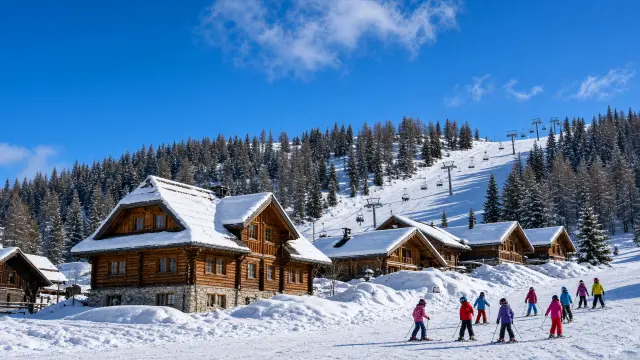 Zonnig skidorp met besneeuwde chalets en een stoeltjeslift in februari