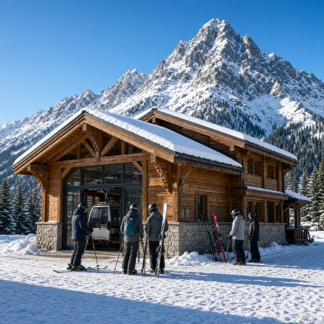 Rustig skidorp Olang met sneeuw, chalets en de lift naar Kronplatz op de achtergrond