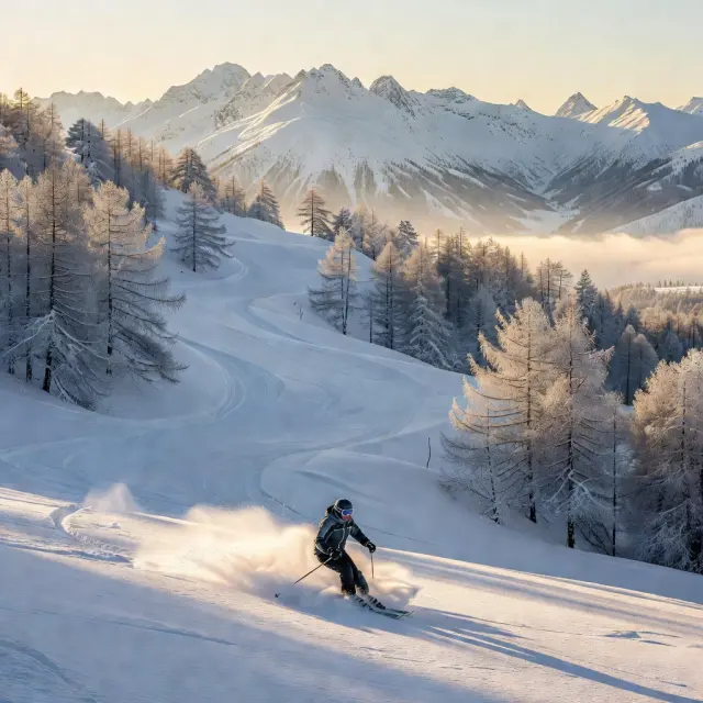 Skiërs op de brede rode en blauwe pistes van skigebied La Forêt Blanche met lariksbossen en bergtoppen op de achtergrond