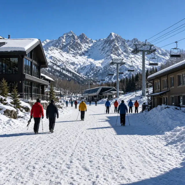 Modern skidorp Vars in La Forêt Blanche met zonnig terras en skiërs op 1850 meter hoogte in de Franse Alpen