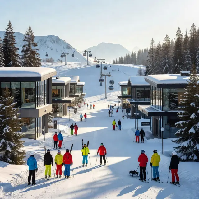 Modern skidorp Vars in La Forêt Blanche met zonnig terras en skiërs op 1850 meter hoogte in de Franse Alpen