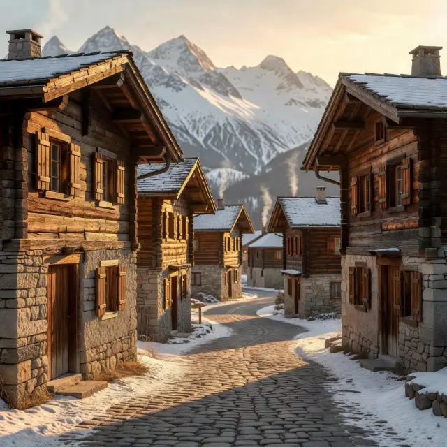 Traditioneel stenen bergdorp met authentieke chalets en kerktoren tegen achtergrond van besneeuwde Alpen en dennenbossen