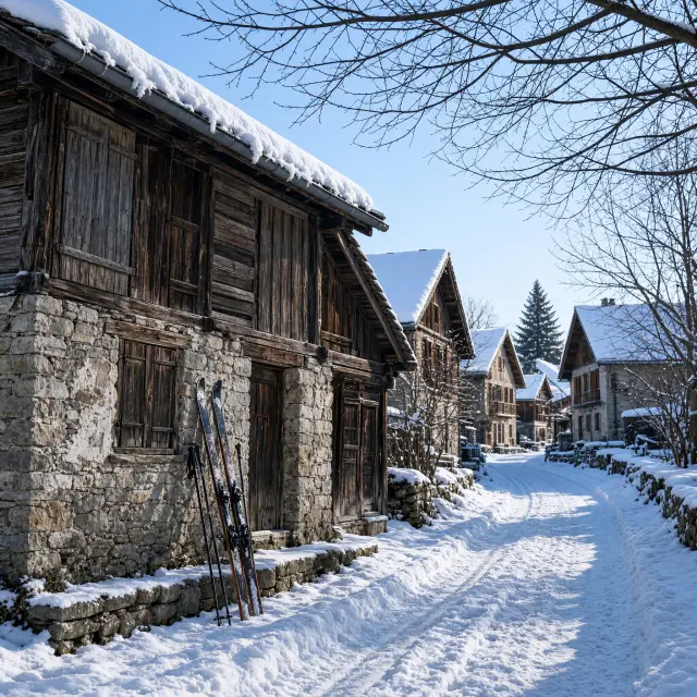 Traditioneel stenen bergdorp met authentieke chalets en kerktoren tegen achtergrond van besneeuwde Alpen en dennenbossen