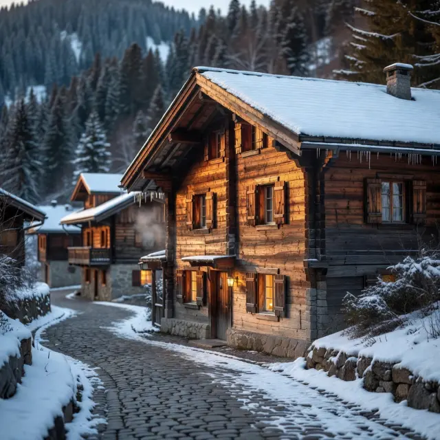 Traditioneel houten chalet met sneeuw bedekte dennenbomen in een rustig bergdorp bij zonsondergang