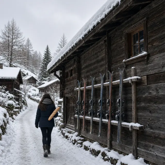 Traditioneel houten chalet met sneeuw bedekte dennenbomen in een rustig bergdorp bij zonsondergang