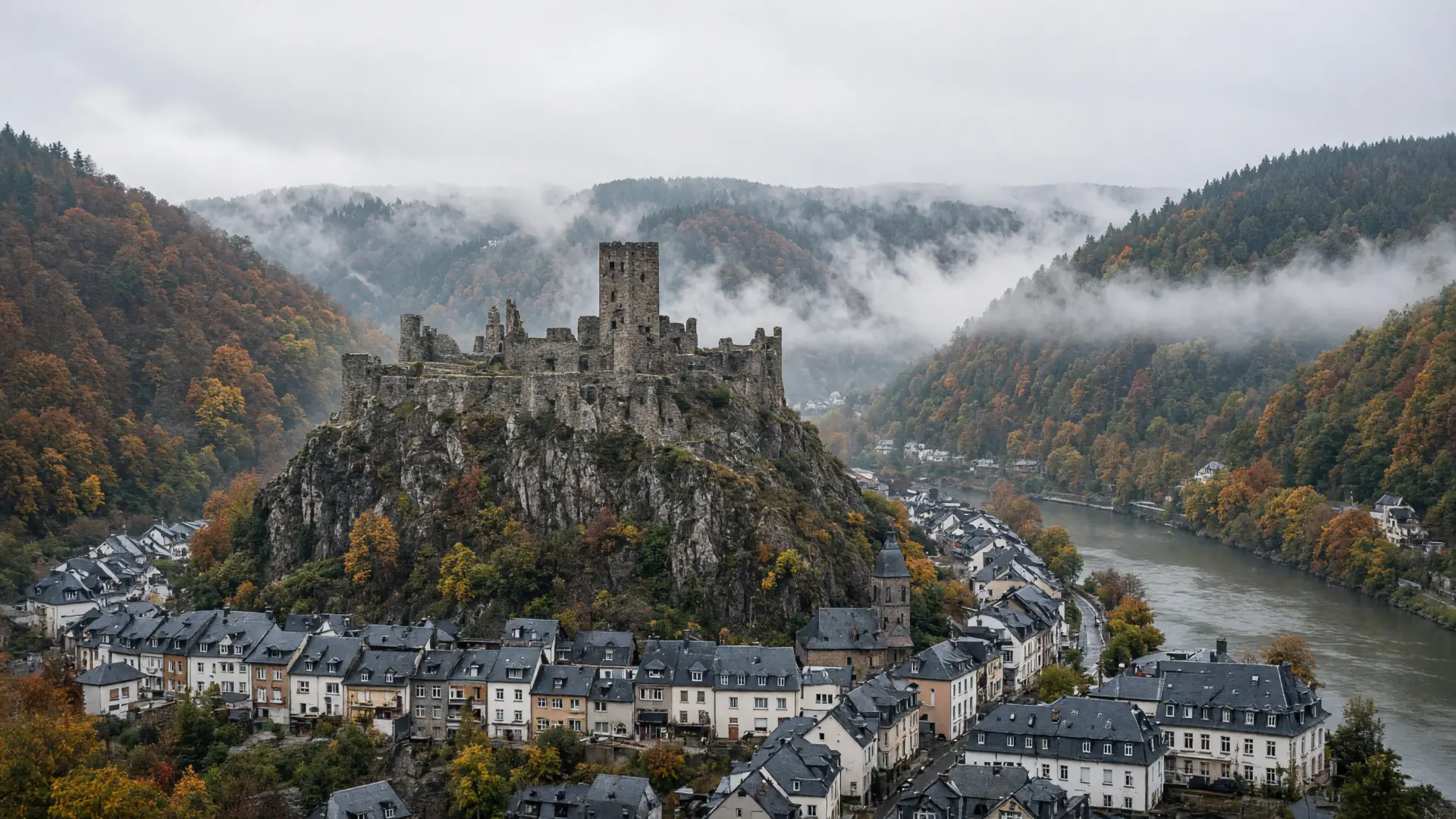 Kasteelruïne boven een stadje in een rivierdal in de Ardennen