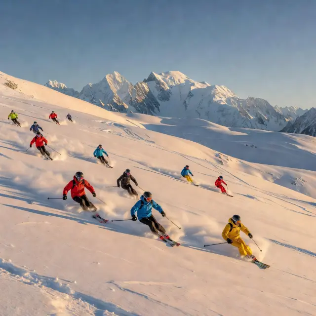Skiërs op de grensovergang tussen La Rosière en La Thuile in het Espace San Bernardo skigebied met bergpanorama