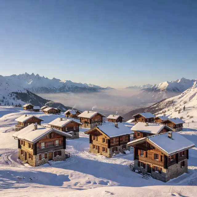 Panoramisch uitzicht op de brede, zonnige skipistes van La Rosière met het charmante bergdorp op 1850 meter hoogte en de majestueuze Tarentaise-vallei op de achtergrond
