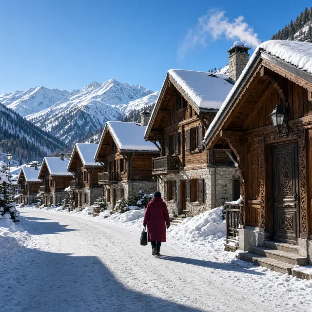 Panoramisch uitzicht op de brede, zonnige skipistes van La Rosière met het charmante bergdorp op 1850 meter hoogte en de majestueuze Tarentaise-vallei op de achtergrond