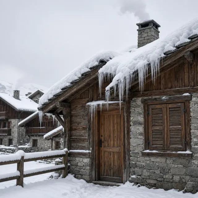Houten chalets en appartementen met sneeuw op het dak in een Frans bergdorp bij zonsondergang