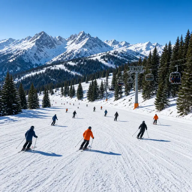 Skiërs dalen af op een brede, besneeuwde piste met bergtoppen van het skidomein Les Sybelles op de achtergrond