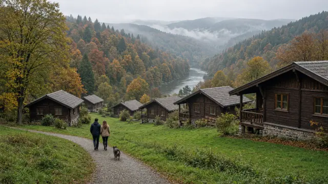 Houten chalets op een heuvel in de Ardennen met een wandelend koppel en hun hond