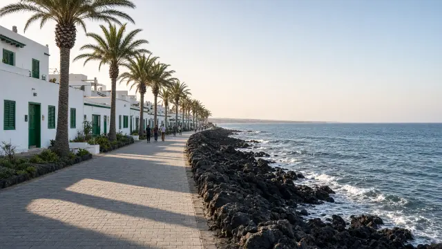 Promenade met palmbomen en witte huizen aan de oostkust van Lanzarote