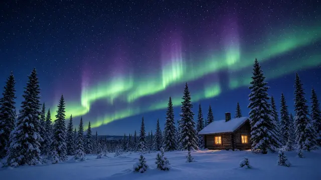 Groen noorderlicht boven een besneeuwd bos en een houten hut in Fins Lapland