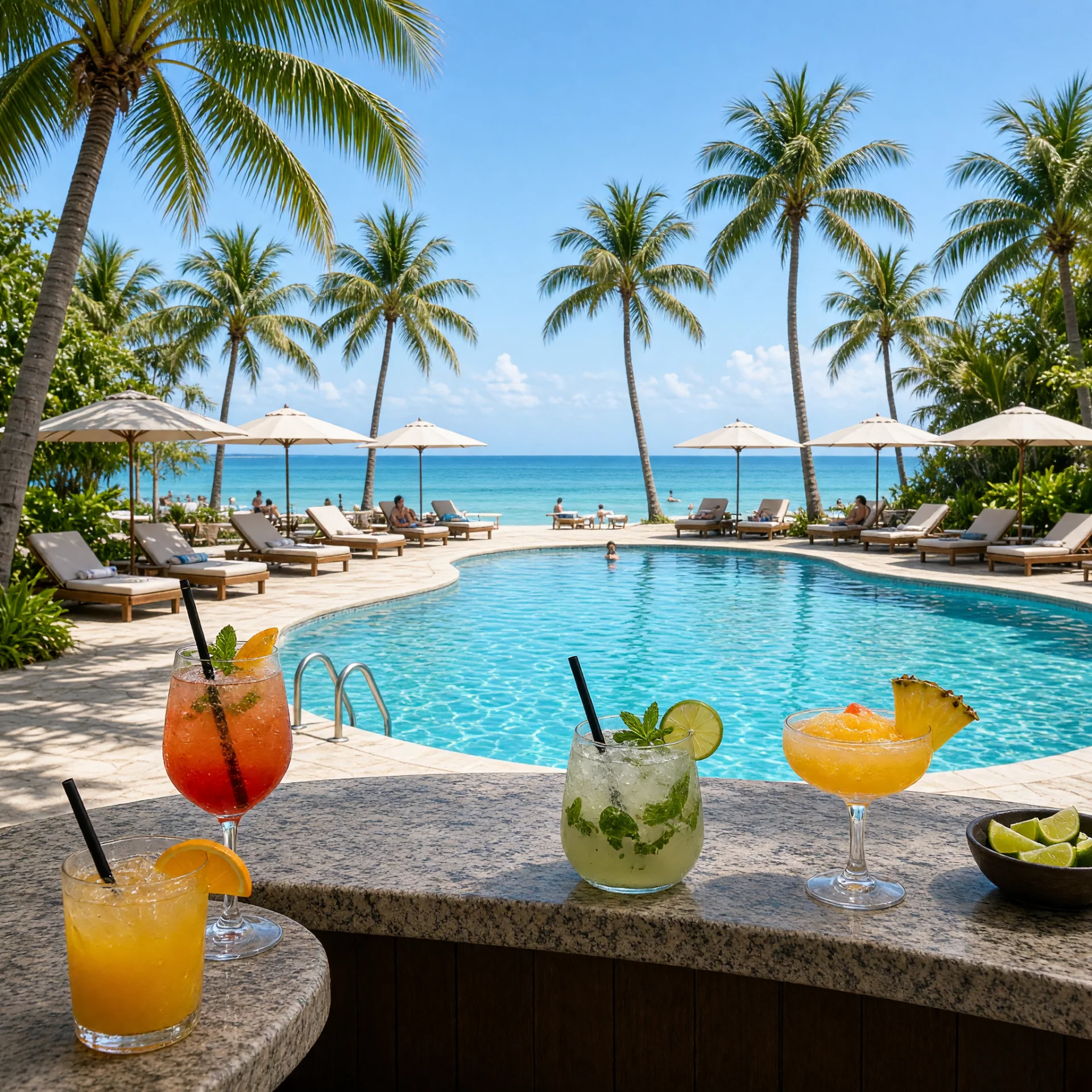 zwembadbar van een all-inclusive resort met palmbomen en zee op de achtergrond