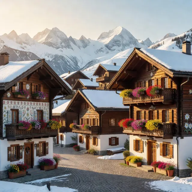 Traditionele houten chalets en kerkje van Alpbach tegen een bergachtergrond in de winter, met sneeuw bedekte daken en Tiroolse architectuur