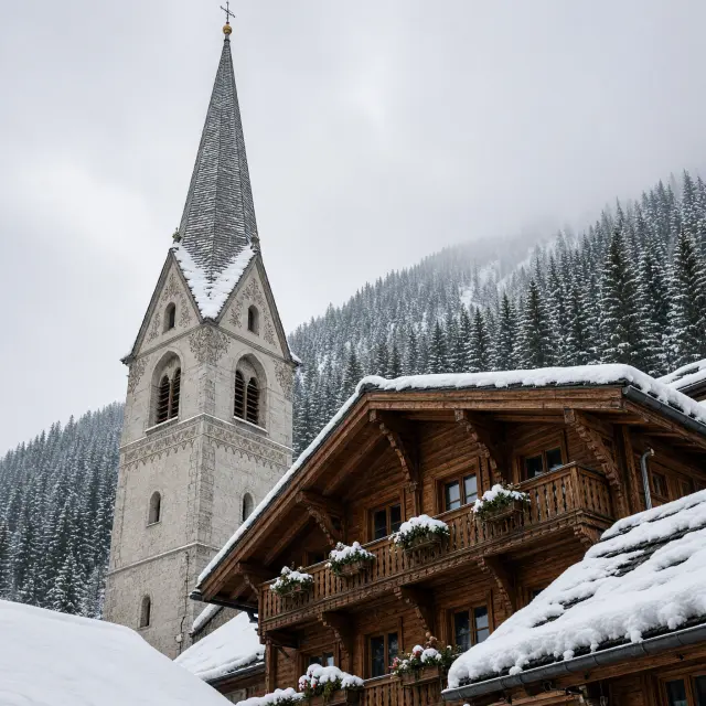 Traditionele houten chalets en kerkje van Alpbach tegen een bergachtergrond in de winter, met sneeuw bedekte daken en Tiroolse architectuur