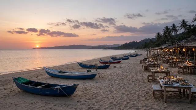 Baai van Jimbaran met vissersboten en restaurants op het strand