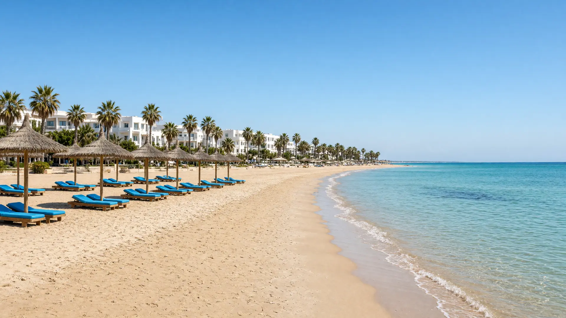 Zandstrand met parasols en palmbomen in Hammamet