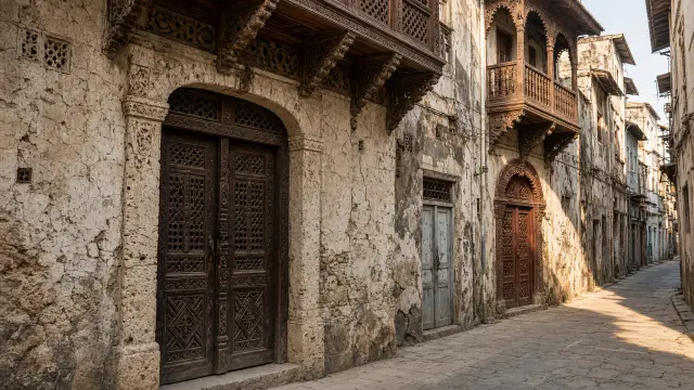 Smal straatje met oude gebouwen en houtgesneden deuren in Stone Town