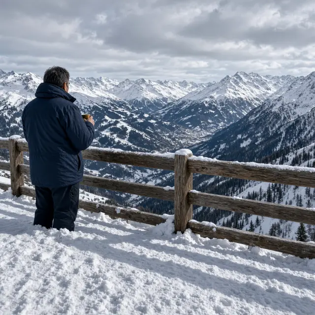 Winterse bergweg in de Franse Alpen met besneeuwde pieken en een auto met sneeuwkettingen onderweg naar het skigebied