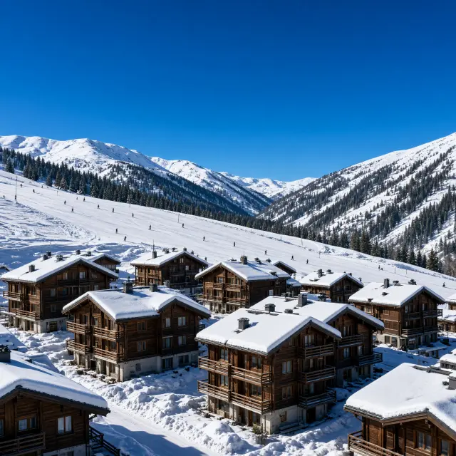 Zonnig skidorp Le Corbier met chalets en appartementen langs de pistes, omringd door besneeuwde bergtoppen