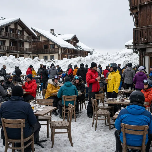 Levendig dorpscentrum van La Clusaz met houten chalets, terrassen en skiërs voor besneeuwde bergtoppen van de Aravis