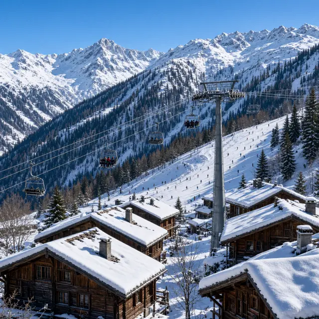 Zonnig familieskistation Nendaz met traditionele chalets en breed zicht op de Zwitserse Alpen in de winter