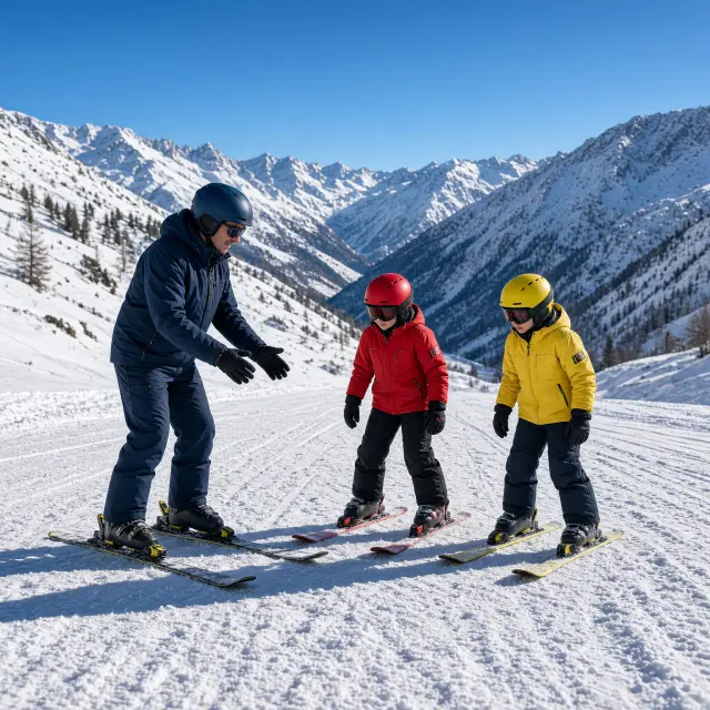 Zonnig familieskistation Nendaz met traditionele chalets en breed zicht op de Zwitserse Alpen in de winter