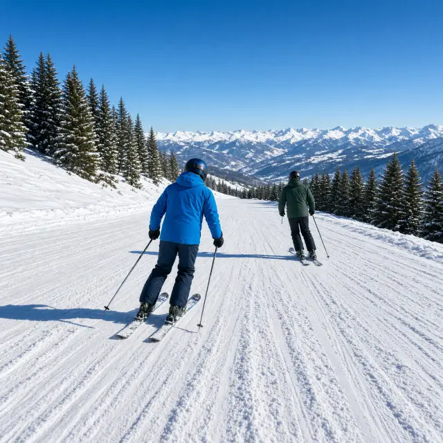 Beginnende skiërs genieten van brede, overzichtelijke pistes in het zonbeschenen Printse-sector van de Zwitserse Alpen