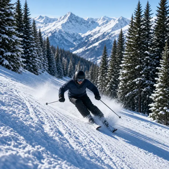 Authentiek Zwitsers alpendorp met houten chalets tegen besneeuwde berghellingen en zonnige pistes in de verte