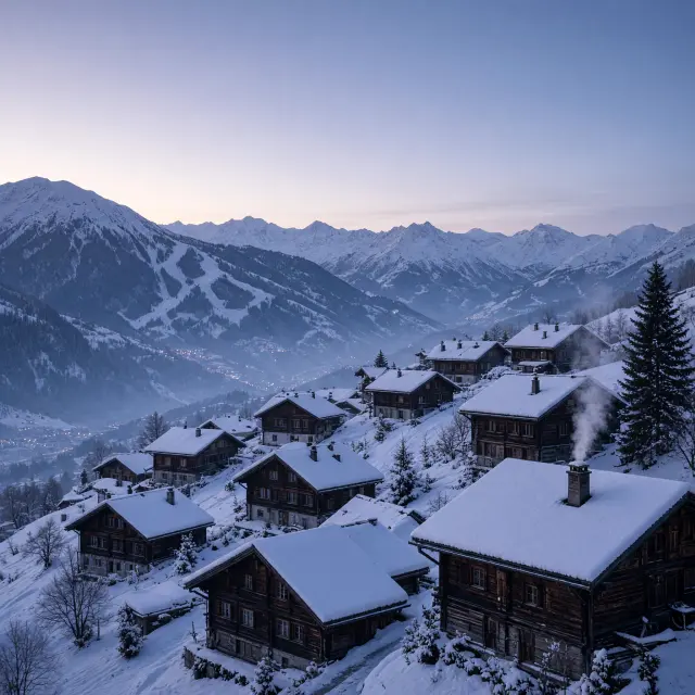 Authentiek Zwitsers alpendorp met houten chalets tegen besneeuwde berghellingen en zonnige pistes in de verte