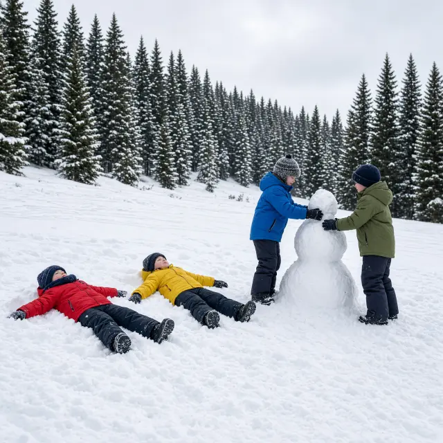 Gezinnen skiën tussen besneeuwde sparren en dennenbomen in Arc 1600 met kinderen op een zonnige winterdag
