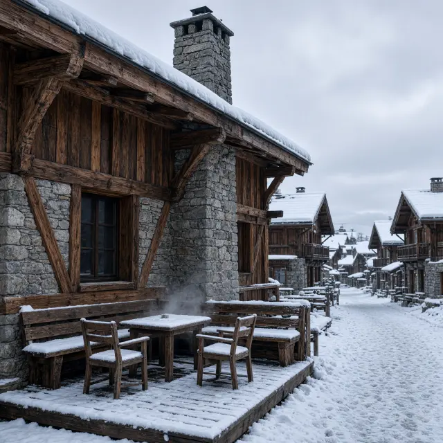 Modern alpine village with traditional Savoyard architecture, pedestrian streets, ski-in ski-out access and luxury chalets in winter mountain setting
