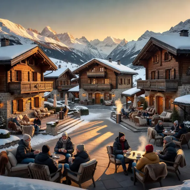 Modern alpine village with traditional Savoyard architecture, pedestrian streets, ski-in ski-out access and luxury chalets in winter mountain setting