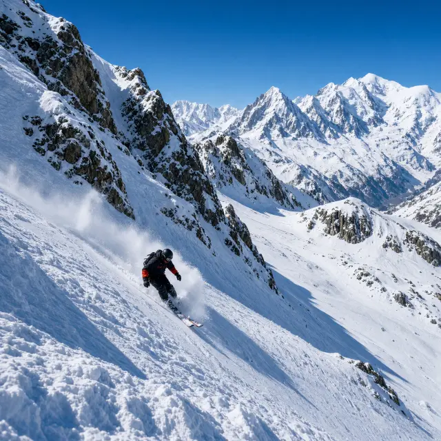 Skiërs op de steile hellingen van Arc 2000 met panoramisch uitzicht over de besneeuwde toppen van de Franse Alpen