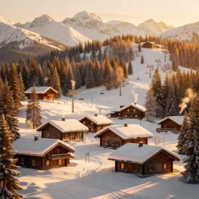 Gezinnen skiën tussen besneeuwde sparren en dennenbomen in Arc 1600 met kinderen op een zonnige winterdag