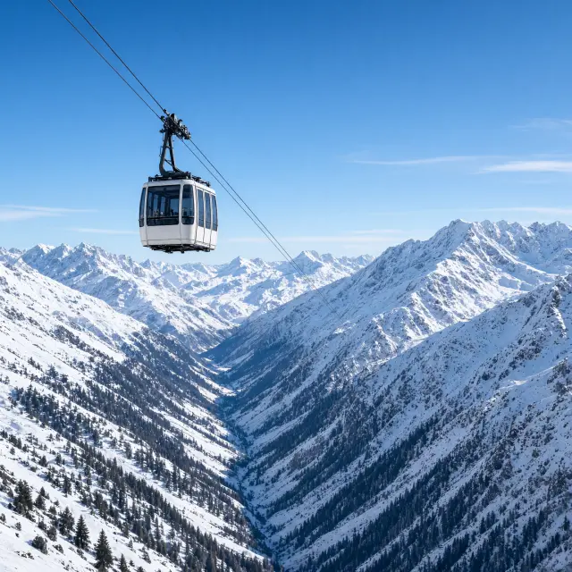 Gondel van de Vanoise Express zweeft over de vallei tussen Peisey-Vallandry en La Plagne in de Franse Alpen