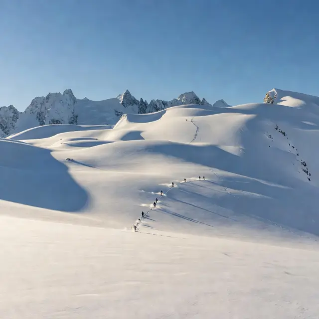 De Glacier de Mantel in Les 2 Alpes met moderne gondellift en skiërs op brede blauwe pistes tegen een achtergrond van de Écrins
