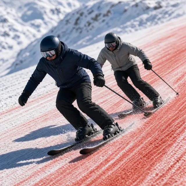 Snowboarders rijden door het snowpark in het centrale skigebied van Les 2 Alpes met freestyle obstakels en brede goed geprepareerde pistes