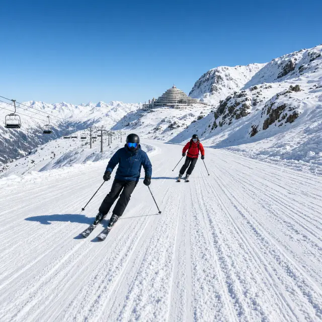 Skiërs op brede zonnige piste met uitzicht op besneeuwde bergtoppen in Avoriaz, Les Portes du Soleil