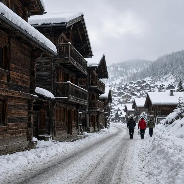 Rustig skidorp Châtel met houten chalets en besneeuwde bergen aan de Frans-Zwitserse grens