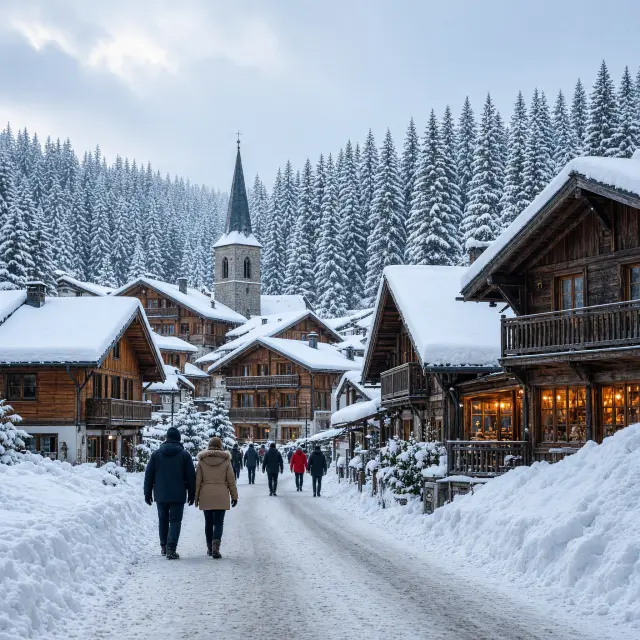 Les Gets: houten chalets en kerktoren in het bosrijke dorp, omgeven door besneeuwde dennenbossen in de Haute-Savoie